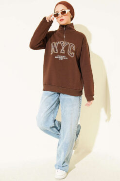 Alternative view of Zip-up NYC Embroidered French Terry Sweatshirt Brown