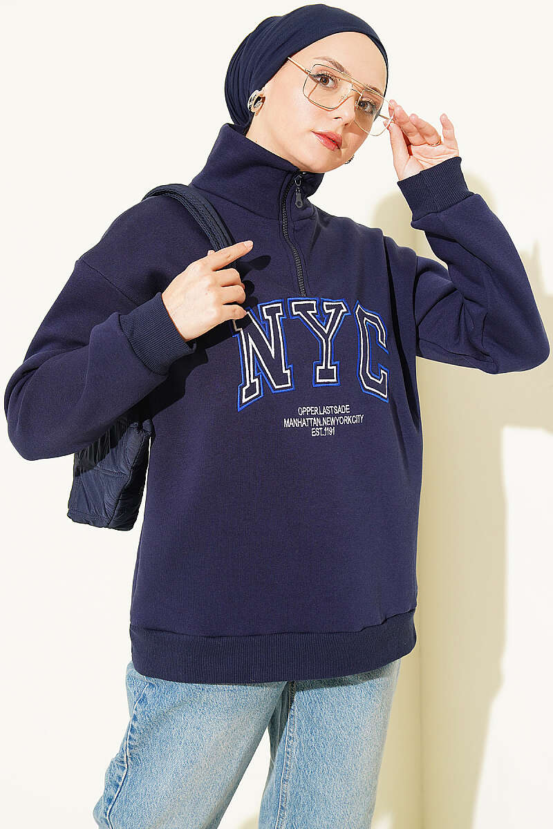 Zip-up NYC Embroidered French Terry Sweatshirt Navy Blue