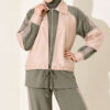 Zip-up Striped Trim French Terry Two-Piece Set Khaki