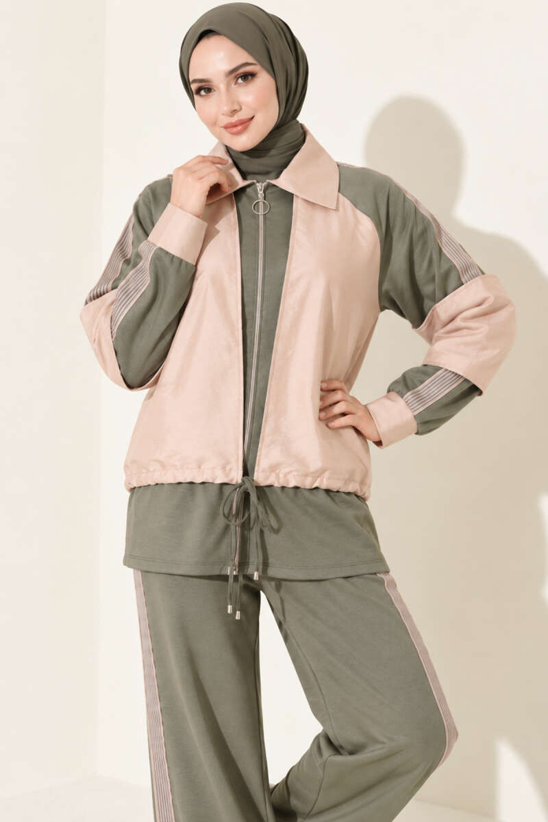 Zip-up Striped Trim French Terry Two-Piece Set Khaki