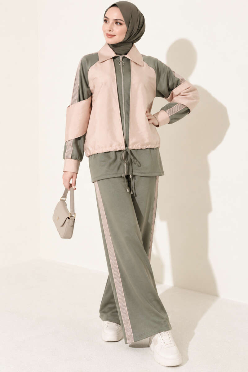 Zip-up Striped Trim French Terry Two-Piece Set Khaki - Imagen 2