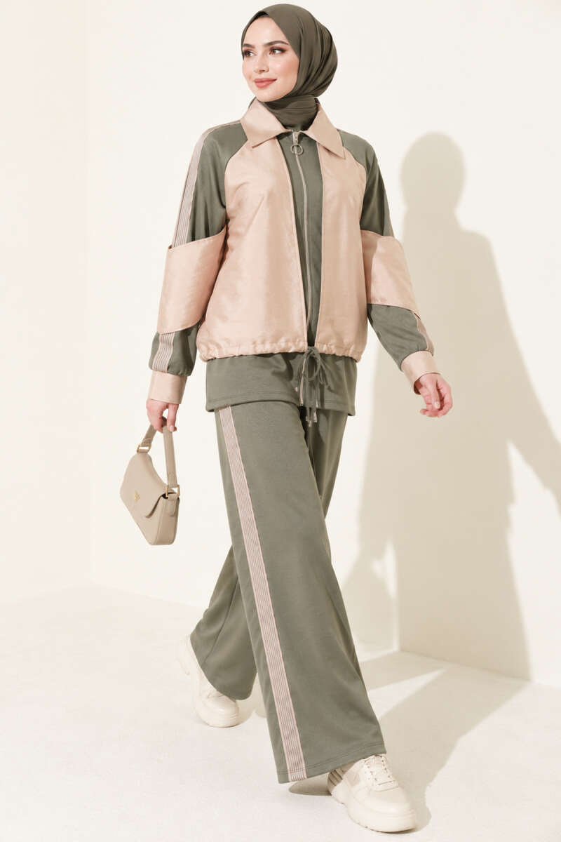 Zip-up Striped Trim French Terry Two-Piece Set Khaki - Imagen 3