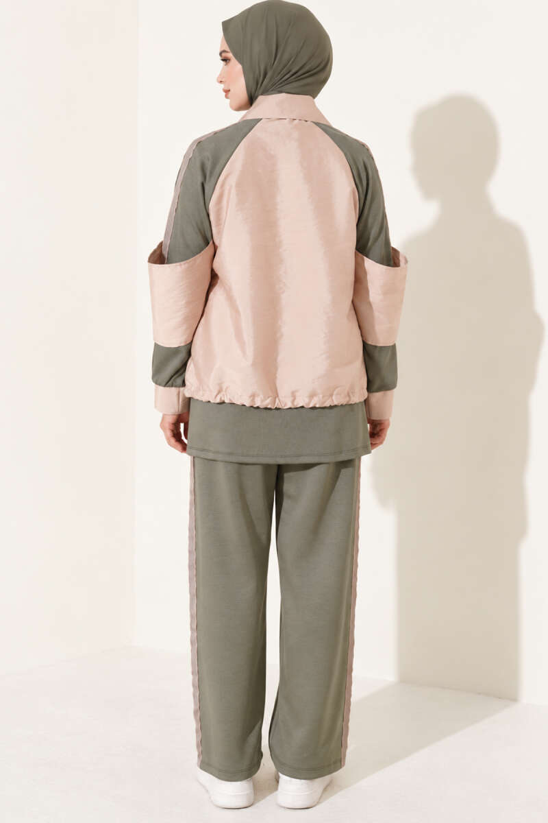 Zip-up Striped Trim French Terry Two-Piece Set Khaki - Imagen 4