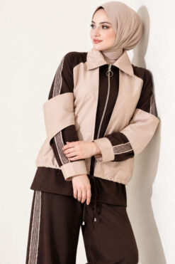 Alternative view of Zip-up Striped Trim French Terry Two-Piece Set Brown