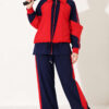 Zip-up Striped Trim French Terry Two-Piece Set Navy Blue