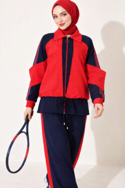 Alternative view of Zip-up Striped Trim French Terry Two-Piece Set Navy Blue