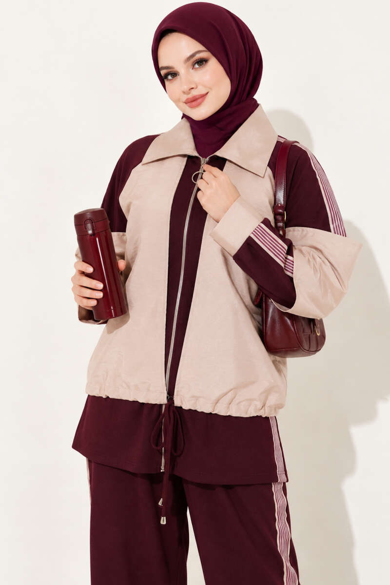 Zip-up Striped Trim French Terry Two-Piece Set Plum - الصورة 2