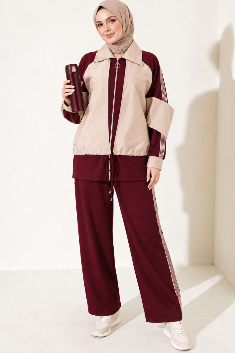 Zip-up Striped Trim French Terry Two-Piece Set Plum - الصورة 3