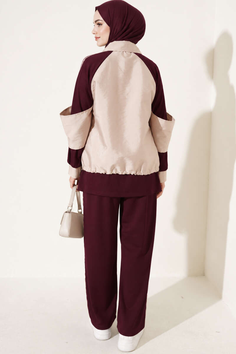 Zip-up Striped Trim French Terry Two-Piece Set Plum - الصورة 4