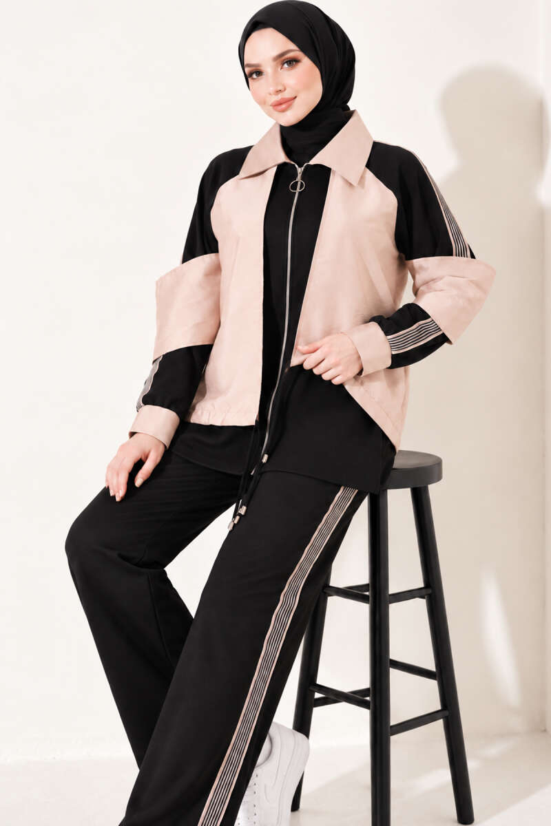 Zip-up Striped Trim French Terry Two-Piece Set Black - الصورة 2