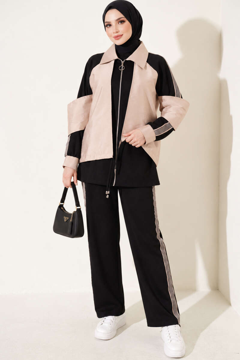 Zip-up Striped Trim French Terry Two-Piece Set Black - الصورة 3