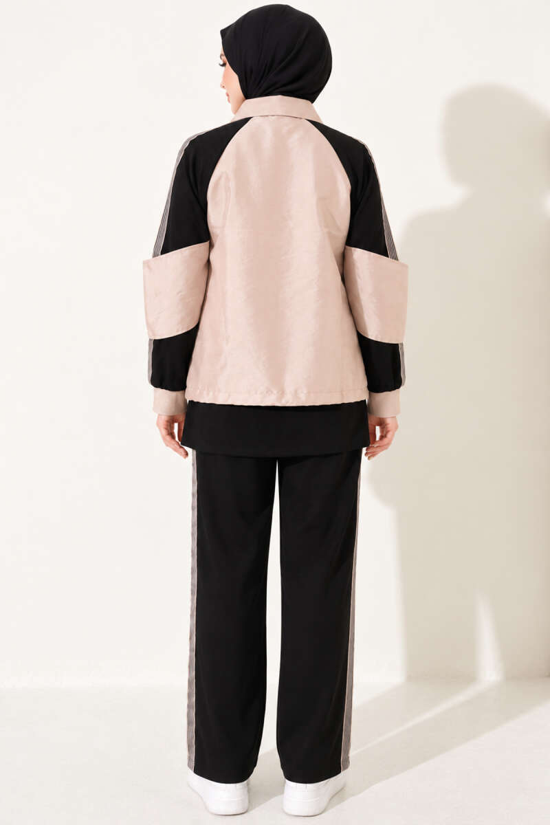 Zip-up Striped Trim French Terry Two-Piece Set Black - الصورة 4