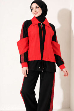 Alternative view of Zip-up Striped Trim French Terry Two-Piece Set Black