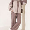Zip-up Striped Trim French Terry Two-Piece Set Mink