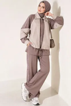 Zip-up Striped Trim French Terry Two-Piece Set Mink