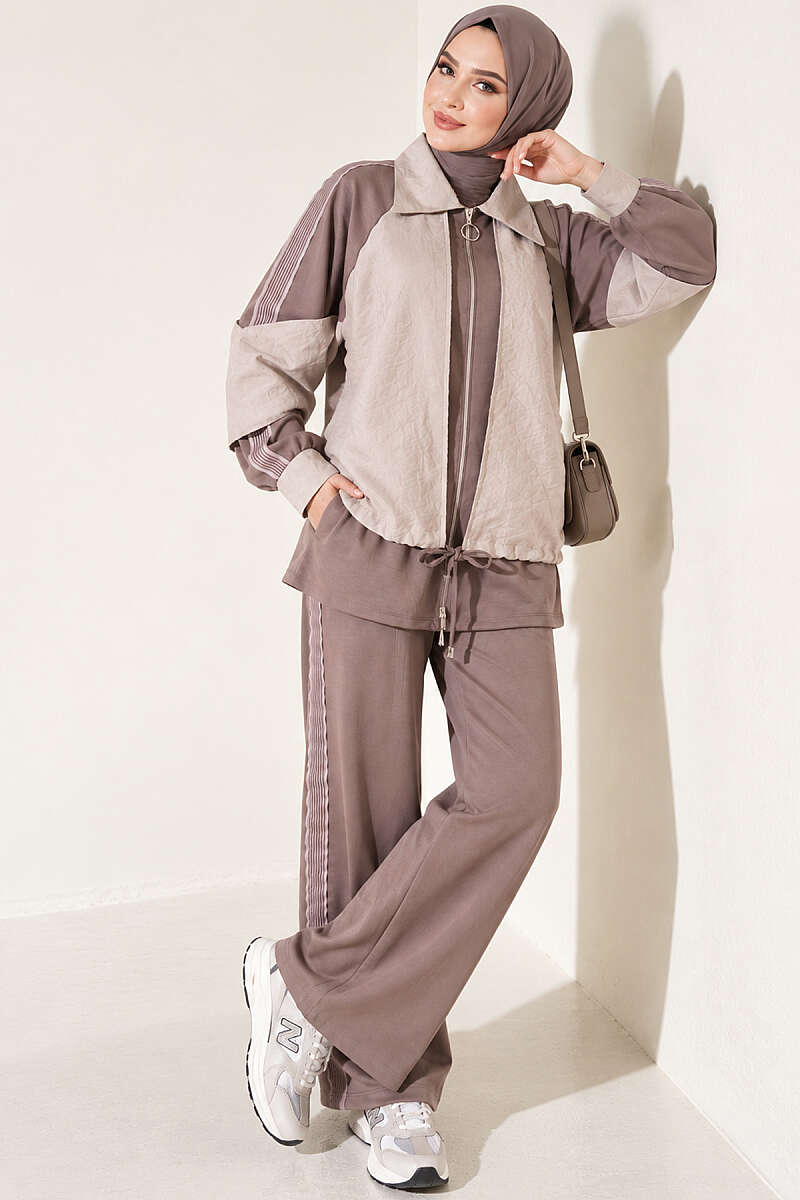 Zip-up Striped Trim French Terry Two-Piece Set Mink