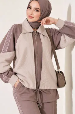 Alternative view of Zip-up Striped Trim French Terry Two-Piece Set Mink