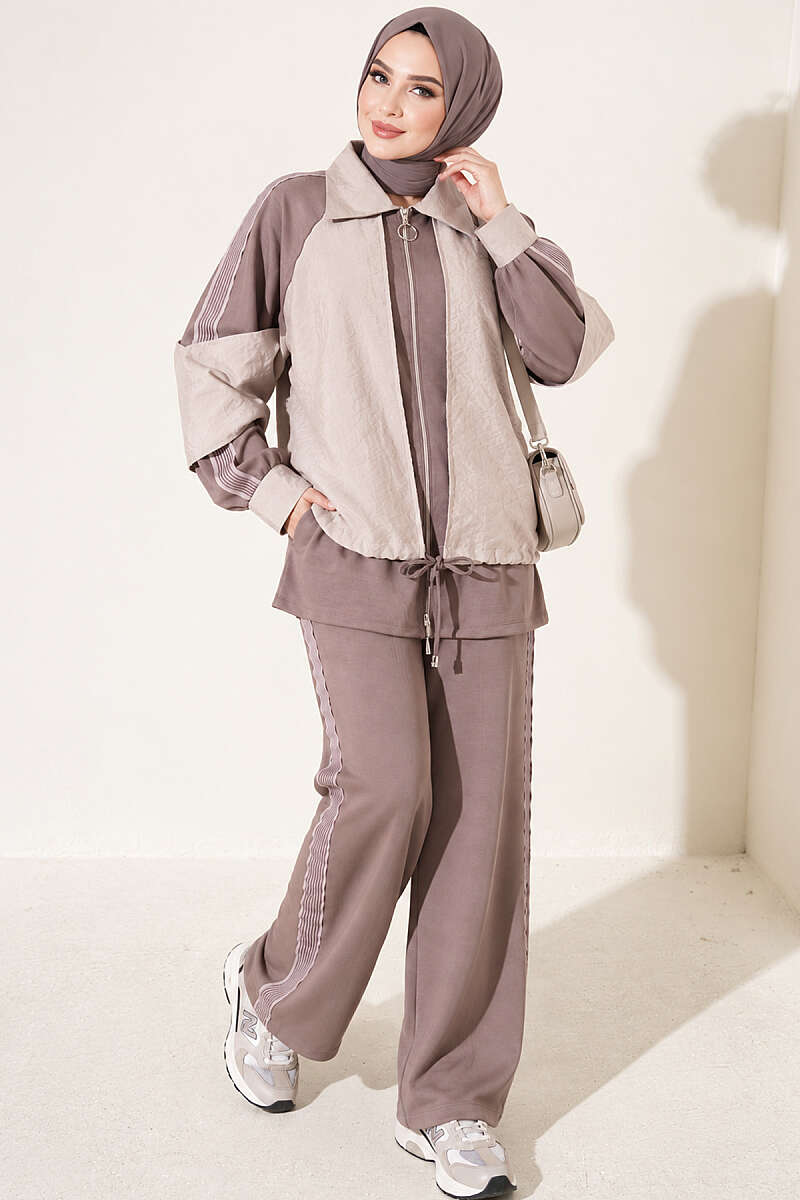Zip-up Striped Trim French Terry Two-Piece Set Mink – Bild 4