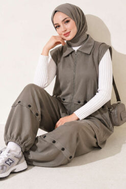 Alternative view of Zip-up Vest and French Terry Two-Piece Set Khaki