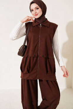 Alternative view of Zip-up Vest and French Terry Two-Piece Set Brown