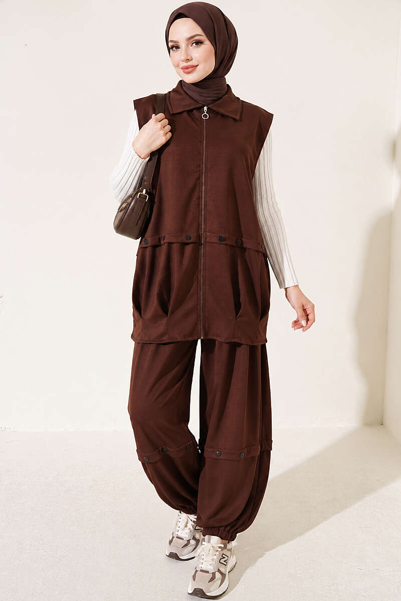 Zip-up Vest and French Terry Two-Piece Set Brown - Afbeelding 4