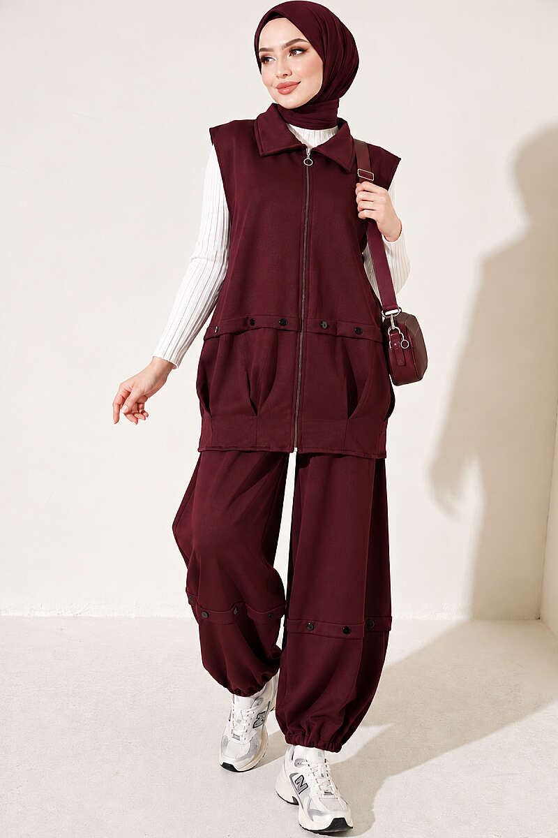 Zip-up Vest and French Terry Two-Piece Set Plum