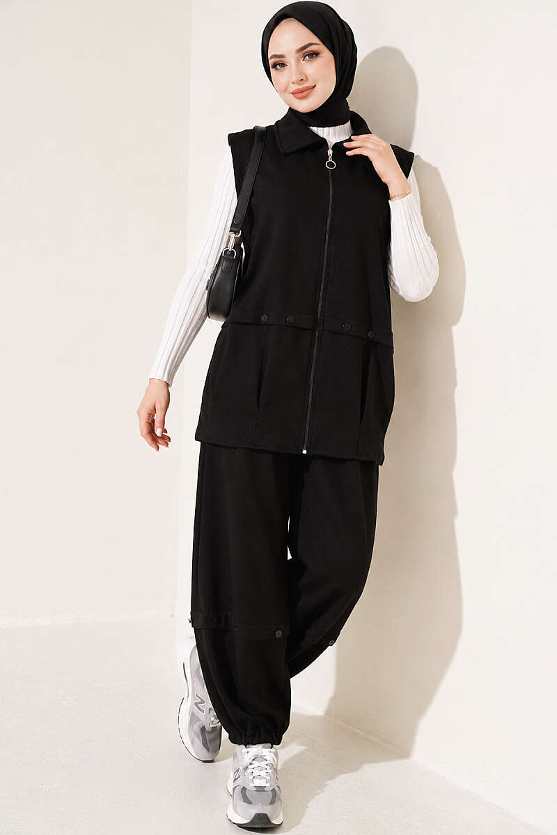 Zip-up Vest and French Terry Two-Piece Set Black