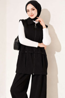 Alternative view of Zip-up Vest and French Terry Two-Piece Set Black