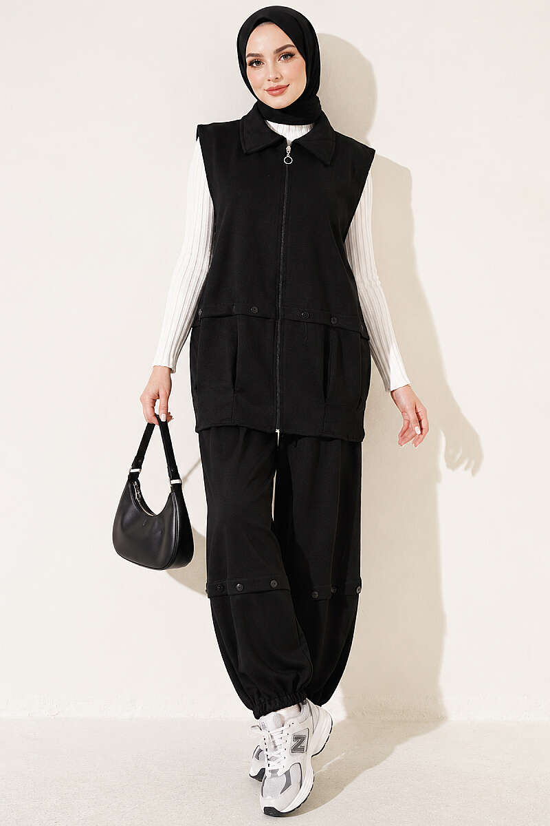 Zip-up Vest and French Terry Two-Piece Set Black - Afbeelding 4