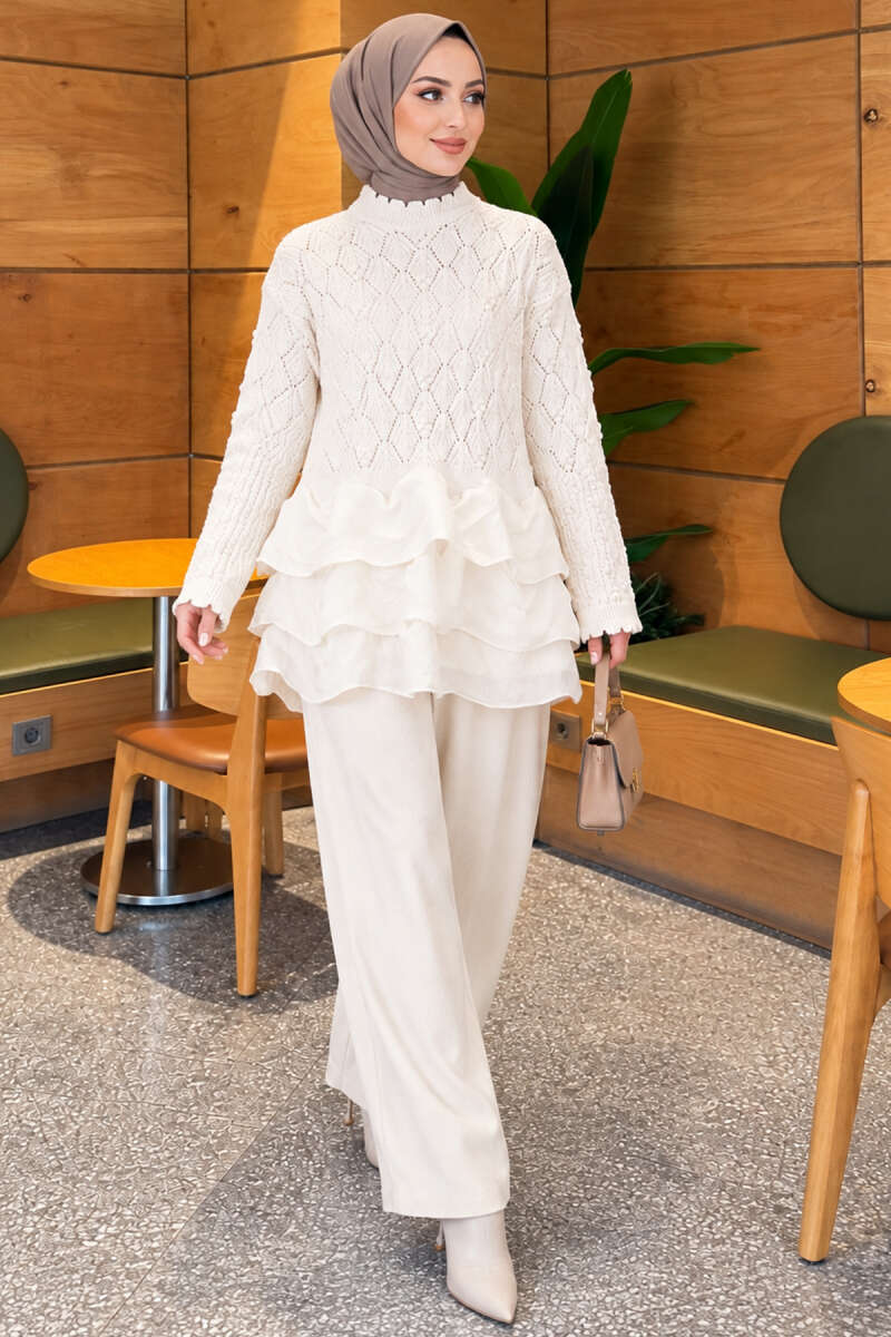 Shoulder Ruffle Detail Knit Two-Piece Set Ecru – Bild 5
