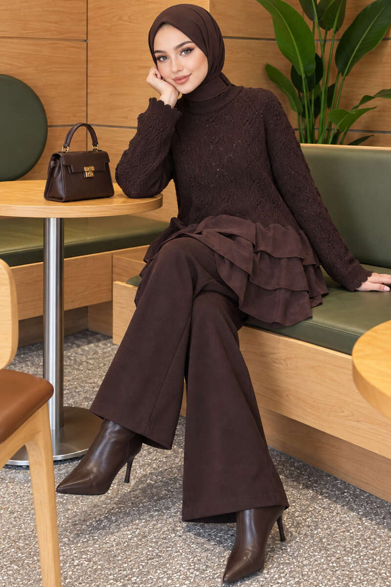 Shoulder Ruffle Detail Knit Two-Piece Set Brown - Image 6