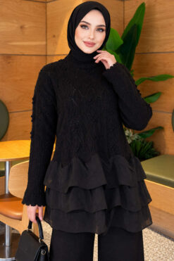 Alternative view of Ruffle-Detail Knit Two-Piece Set Black