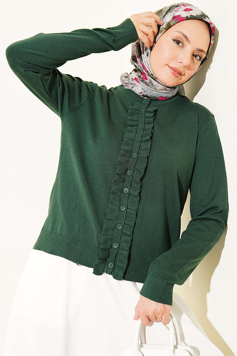 Ruffled Button-Detail Knit Cardigan Emerald