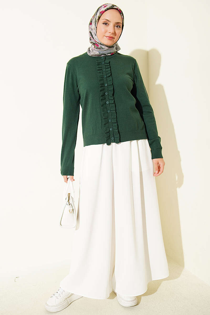 Ruffled Button-Detail Knit Cardigan Emerald – Bild 2