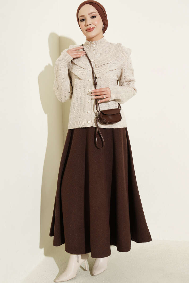 Ruffled Collar Buttoned Knit Cardigan Beige – Image 2
