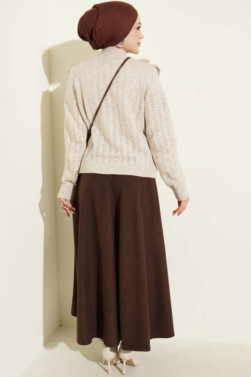 Ruffled Collar Buttoned Knit Cardigan Beige – Image 3