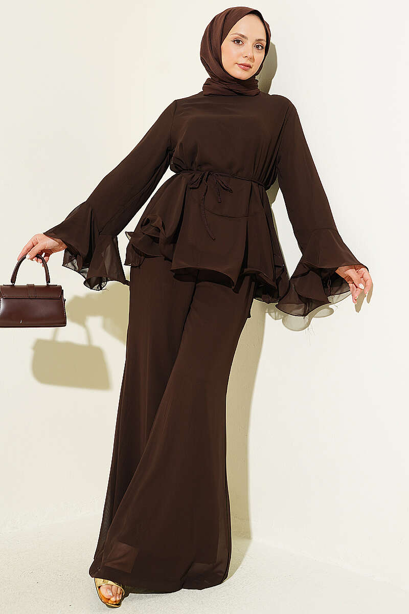 Long Tunic Set with Split Detail and Belted Cord Brown – Image 5
