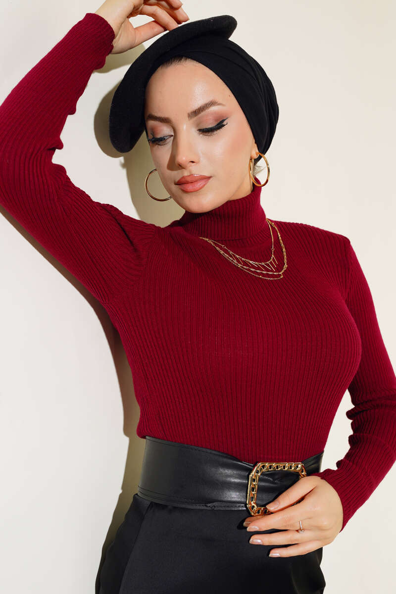 Ribbed Turtleneck Knit Sweater Burgundy - Imagen 2