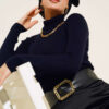 Ribbed Turtleneck Knit Sweater Navy Blue