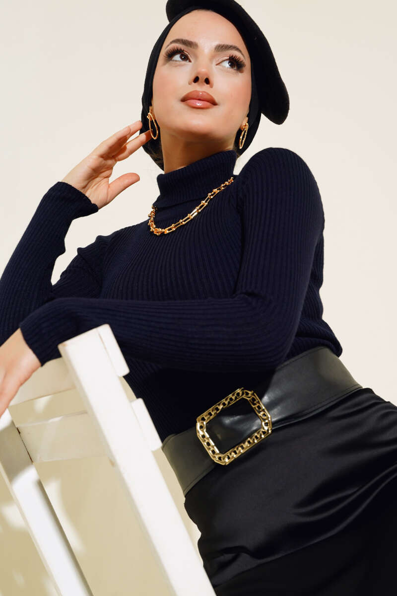 Ribbed Turtleneck Knit Sweater Navy Blue
