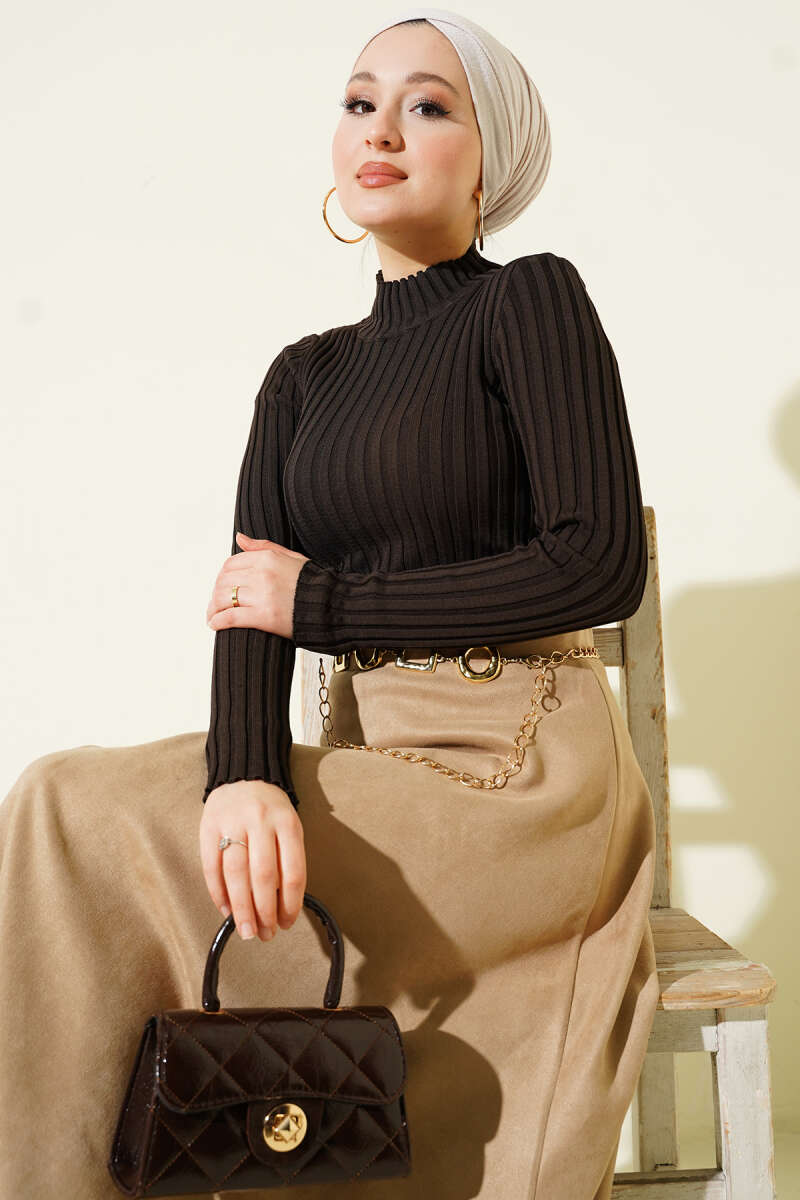 Ribbed Stretch Knit Sweater Dark Brown