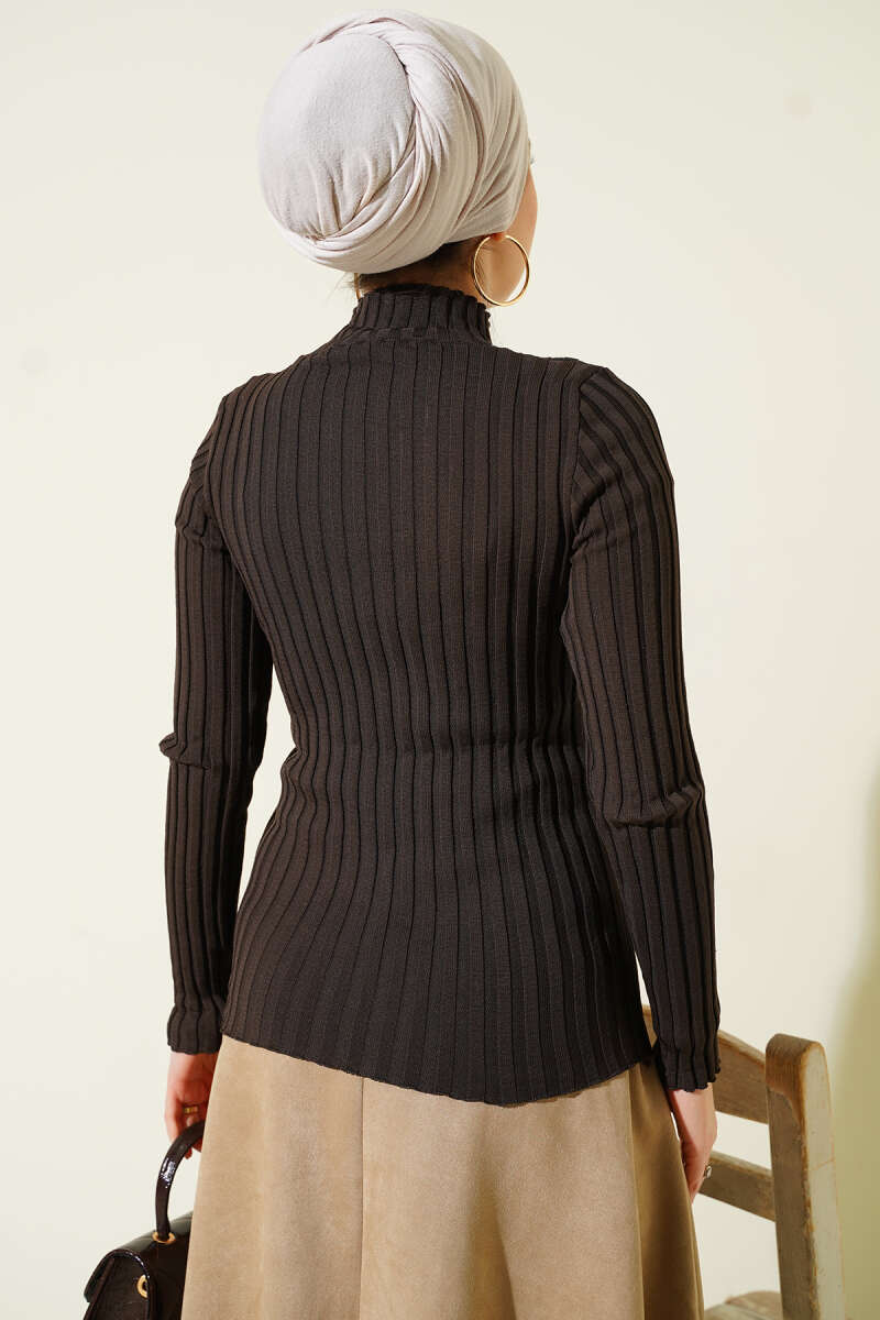 Ribbed Stretch Knit Sweater Dark Brown - immagine 3