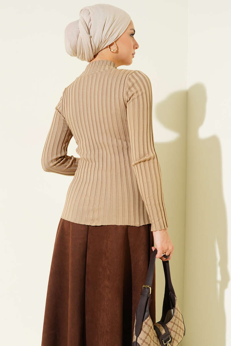 Ribbed Stretch Knit Sweater Camel - الصورة 3