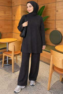 Alternative view of Ribbed Knit Two-Piece Set with Side Slit Hem Anthracite