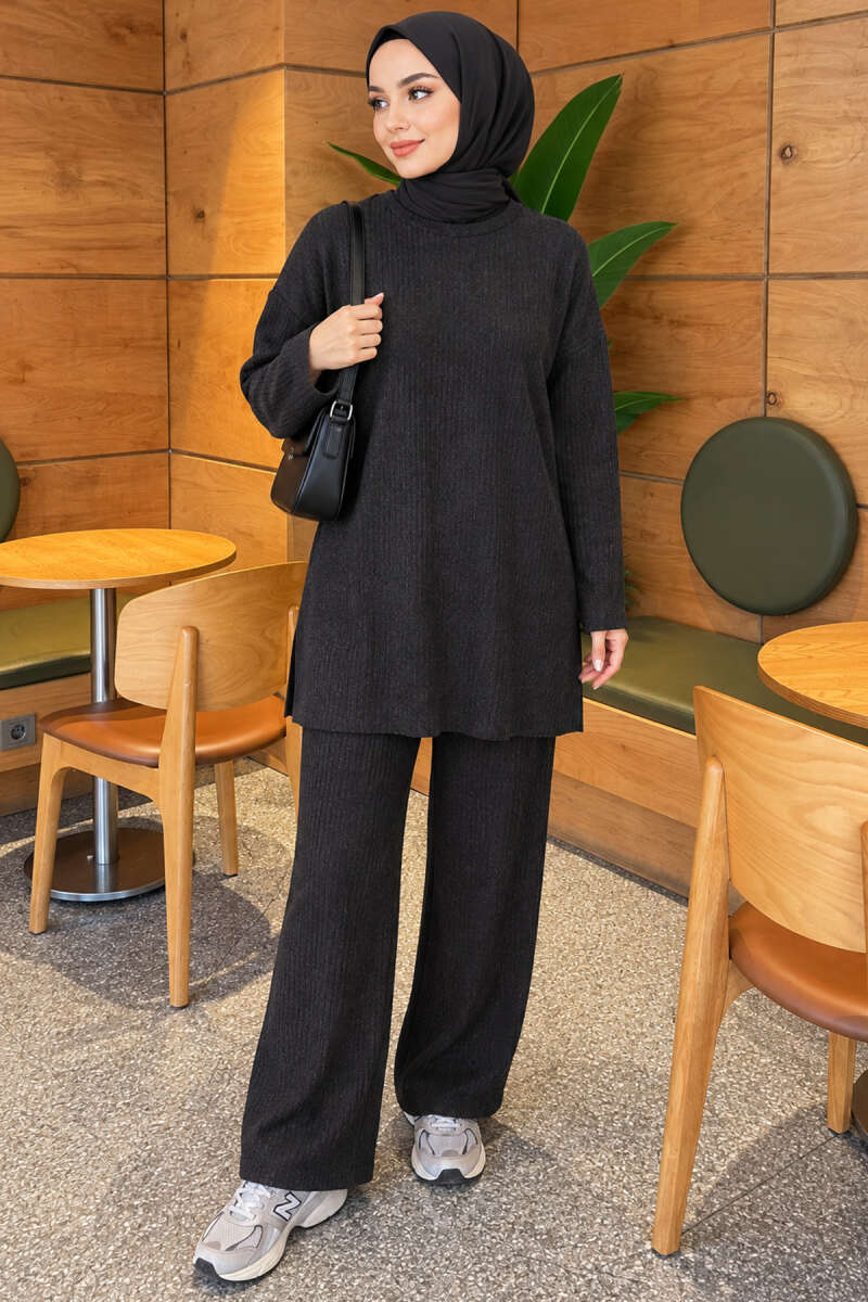 Ribbed Knit Two-Piece Set with Side Slit Hem Anthracite - Afbeelding 2