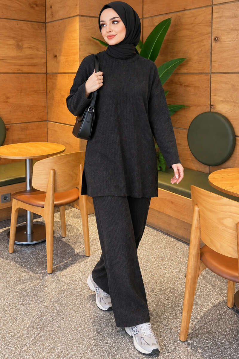 Ribbed Knit Two-Piece Set with Side Slit Hem Anthracite - Afbeelding 3