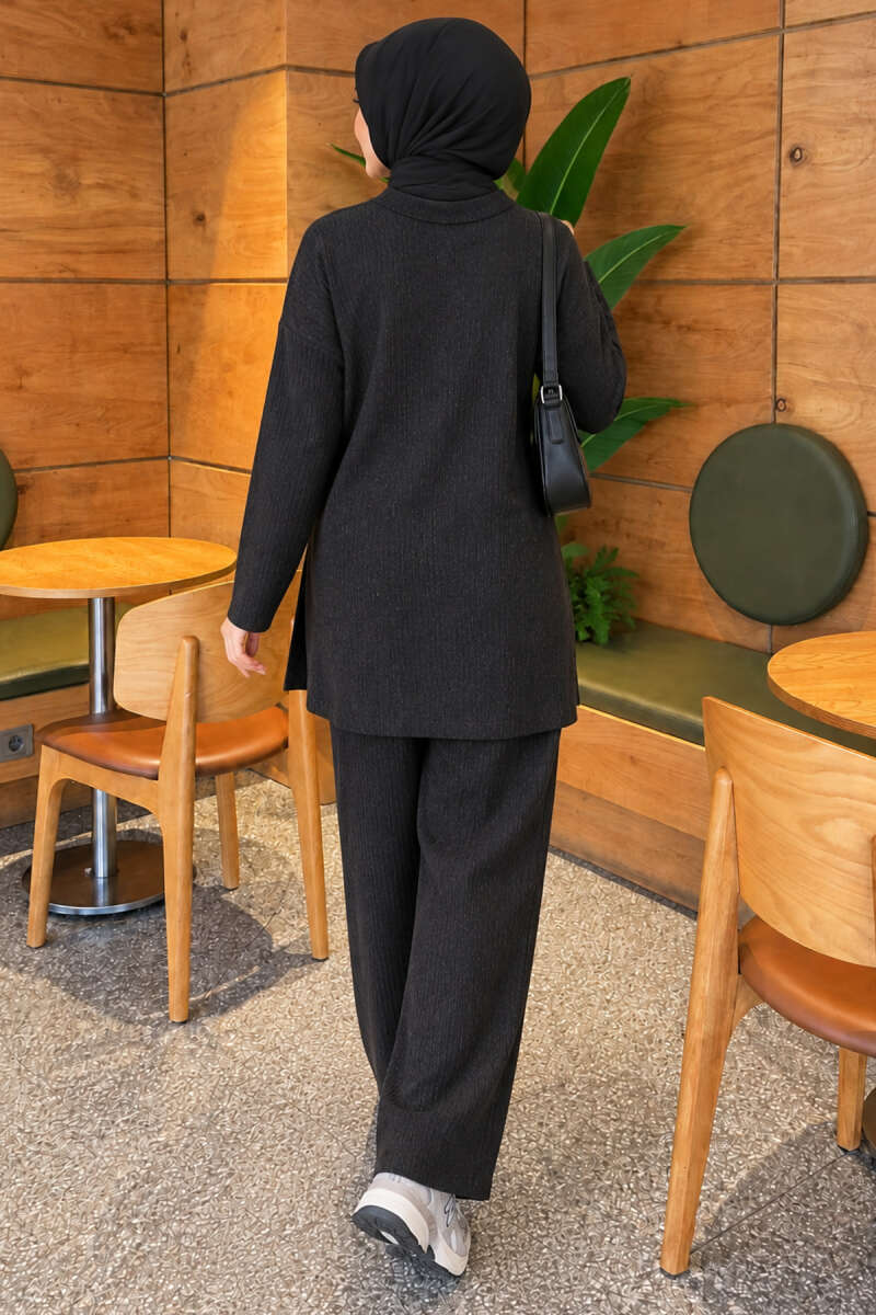 Ribbed Knit Two-Piece Set with Side Slit Hem Anthracite - Afbeelding 4