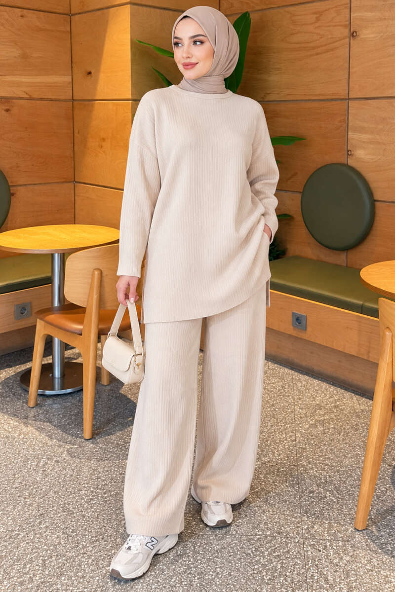 Ribbed Knit Two-Piece Set with Side Slit Hem Beige