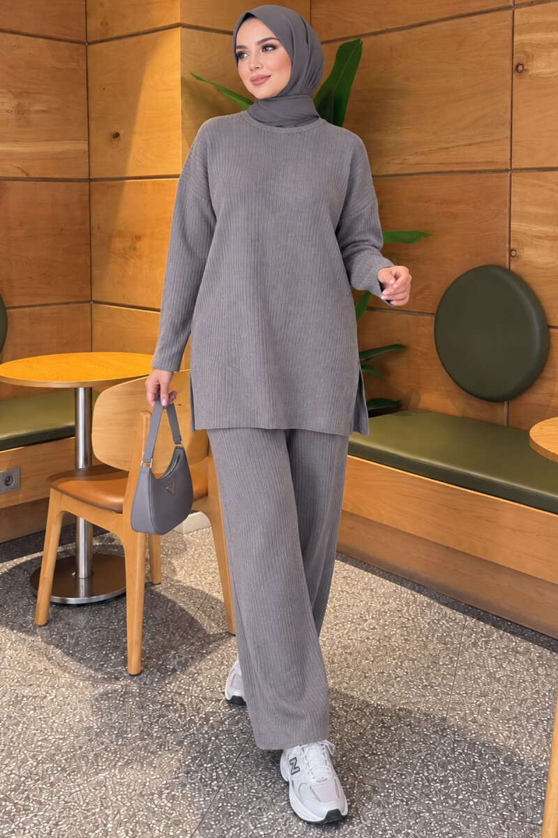 Ribbed Knit Two-Piece Set with Side Slit Hem Smoke - الصورة 2