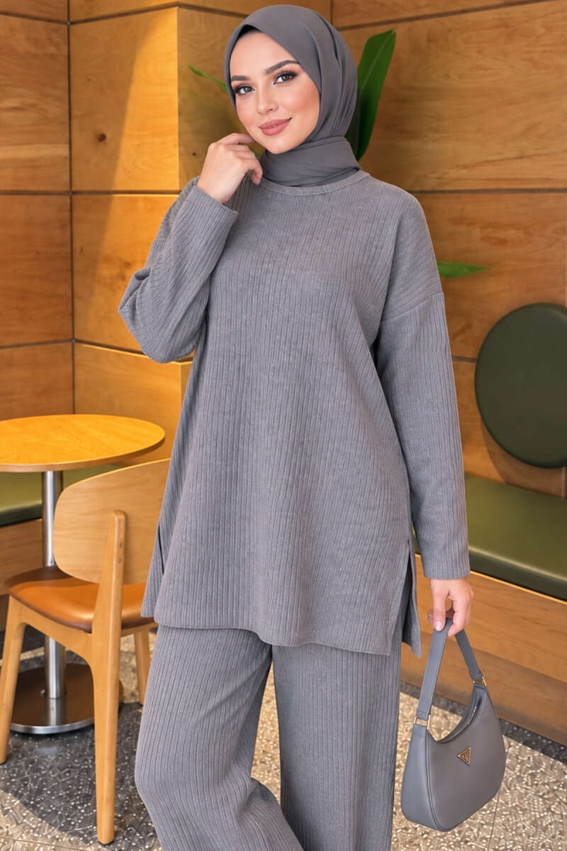 Ribbed Knit Two-Piece Set with Side Slit Hem Smoke - الصورة 3